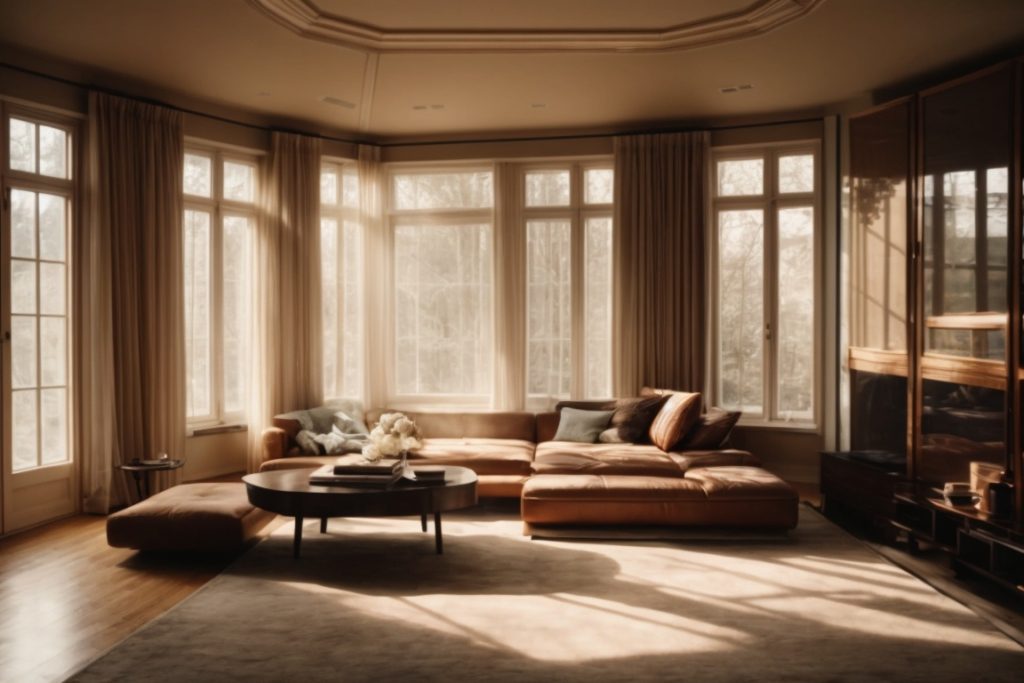 Interior of a cozy room with opaque windows, diffusing sunlight