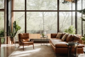 Austin home interior with patterned window film, modern furniture, and natural light