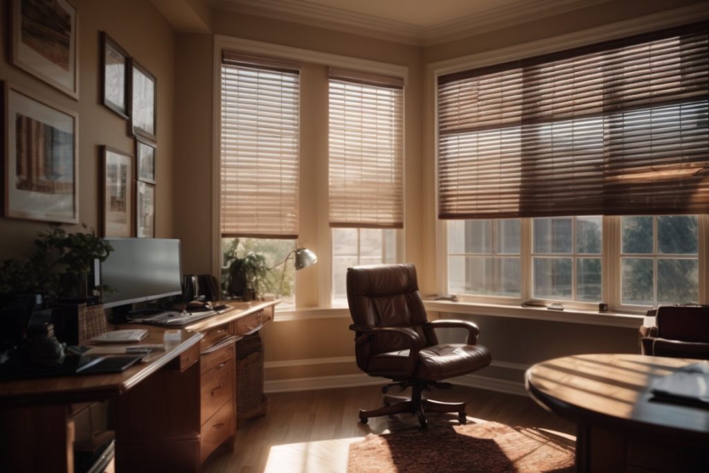 interior home office with tinted windows and sun filtering through