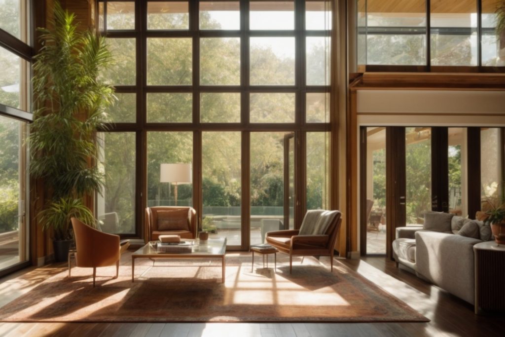 Interior of a home with sun filtering through fading window film, protecting furniture and art