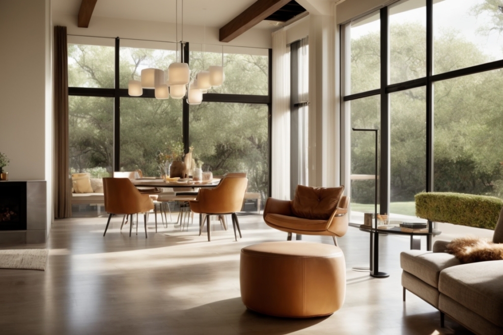 Austin home interior with heat reduction window film applied to windows, furniture protected from sunlight