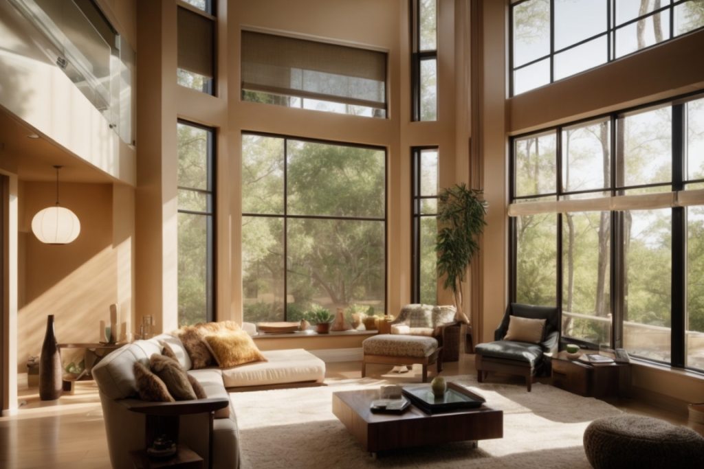 Austin home interior with sunlight filtering through opaque windows, preserving privacy and reducing glare