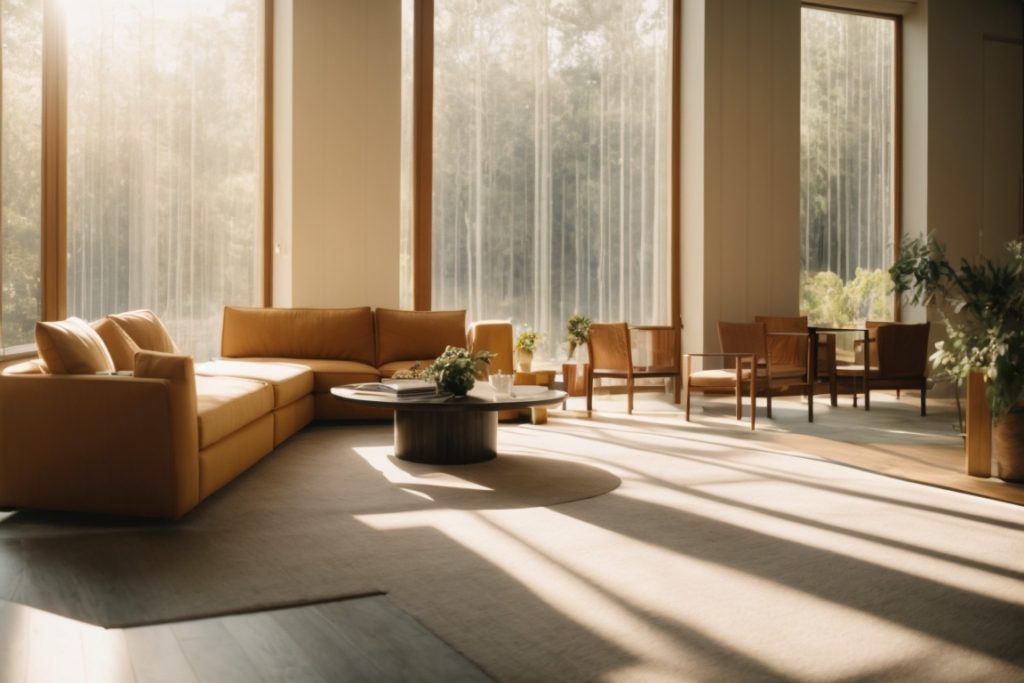 Interior view of a room with sunlight filtering through textured window film on windows