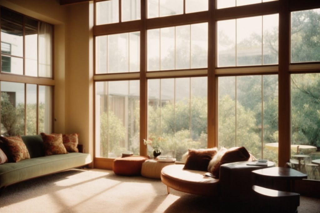Austin home with tinted windows reflecting sunlight, interior view showing comfort