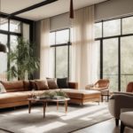 Modern living room with tinted windows, comfortable furnishings, and natural light