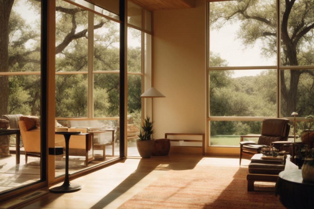 Austin home interior with sunlight streaming through tinted windows