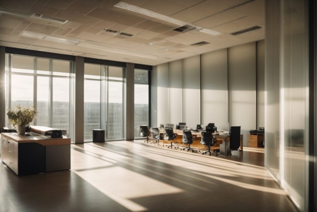 office interior with opaque window films, sunlight filtering through