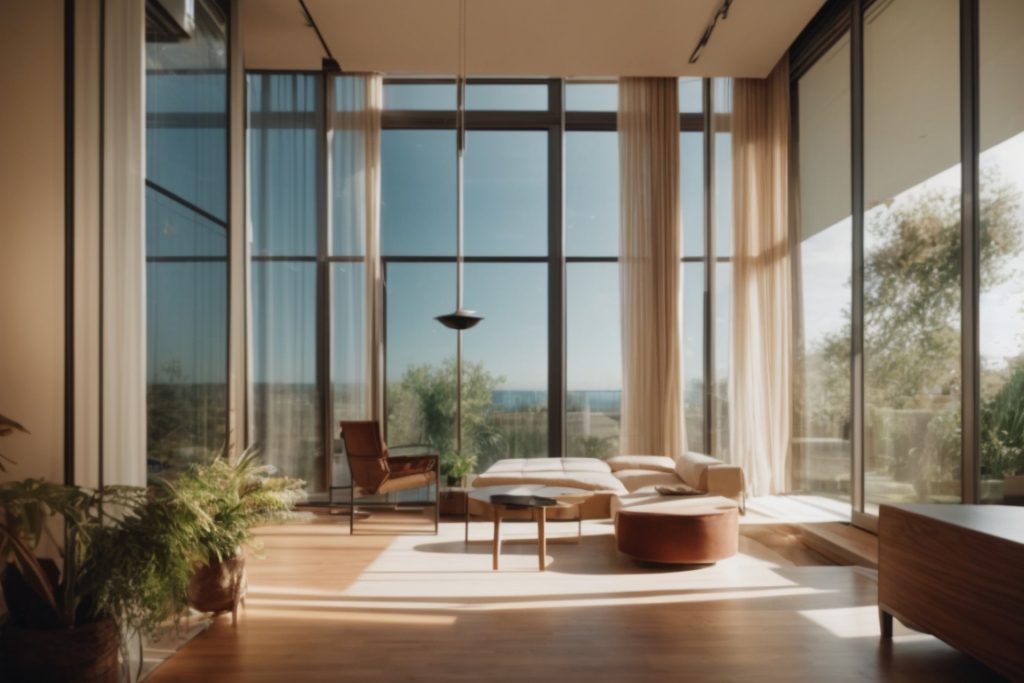 Interior of a home showing sunlight filtered through thermal window film