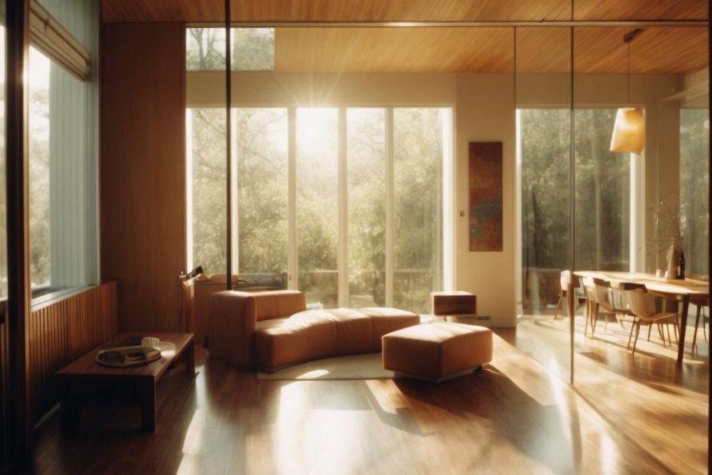 Austin home interior with opaque windows reflecting sunlight