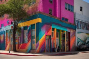 colorful building wrap on East 6th Street Austin with vibrant local art