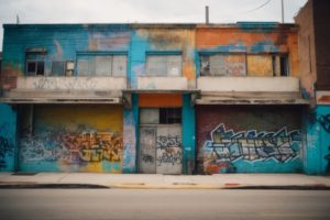 Austin building with visible graffiti prevention film, vibrant street art background