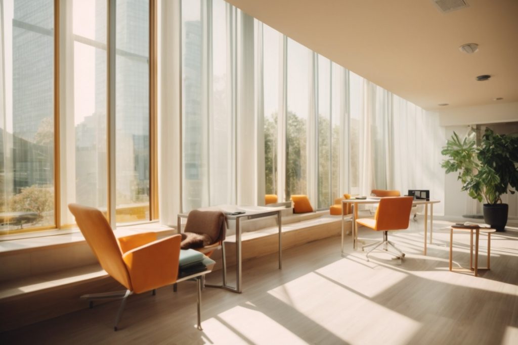 Interior of a sunny office with fade-resistant window film, UV rays visible and furnishings