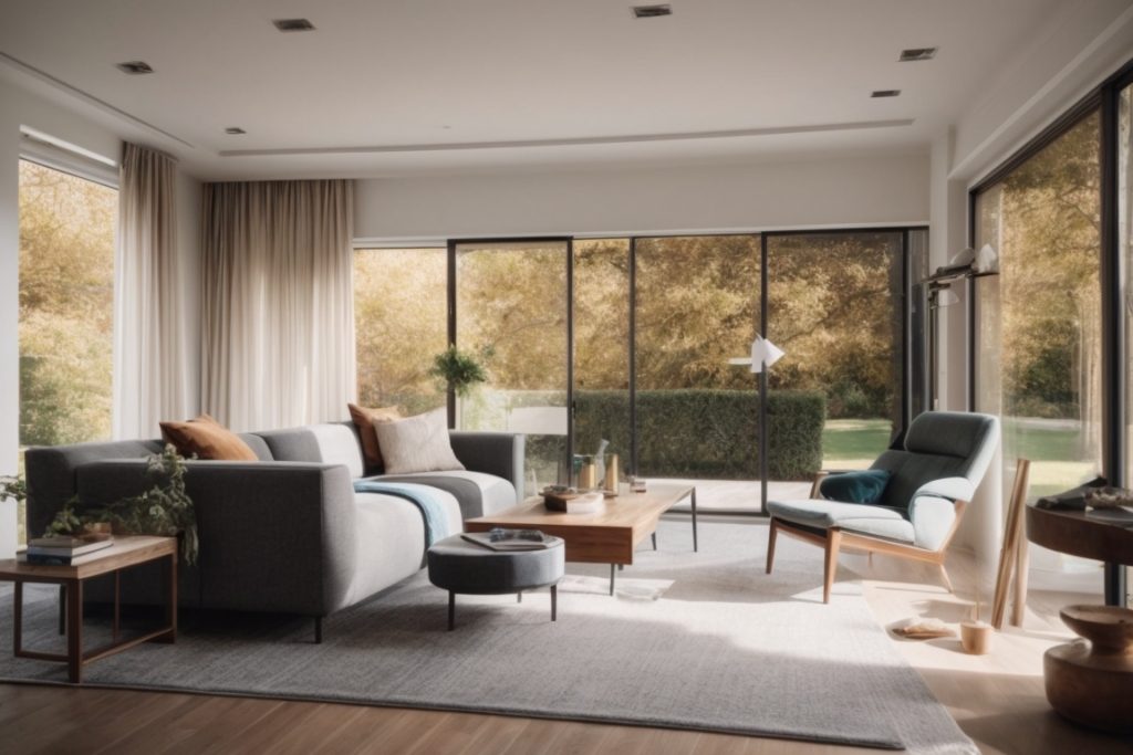Modern home interior with thermal window film and comfortable furnishings