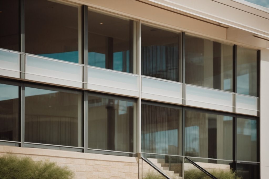 Austin commercial building with energy-saving window film, soft natural light
