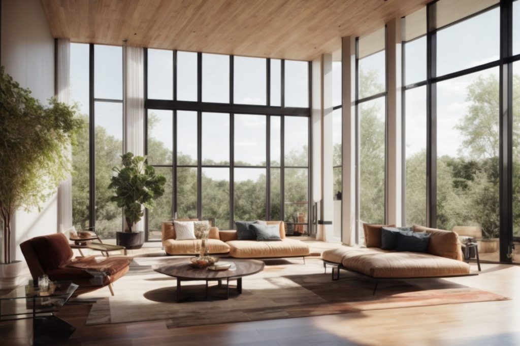 Interior modern living room in Austin with heat reduction window film