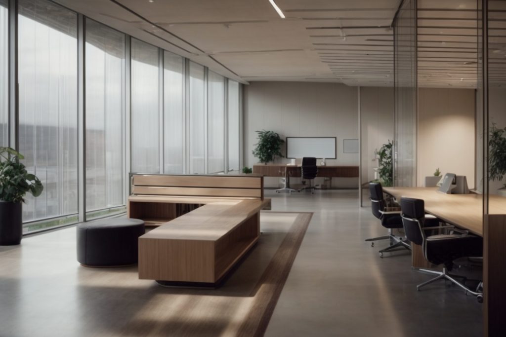 interior office with large windows and visible solar control film