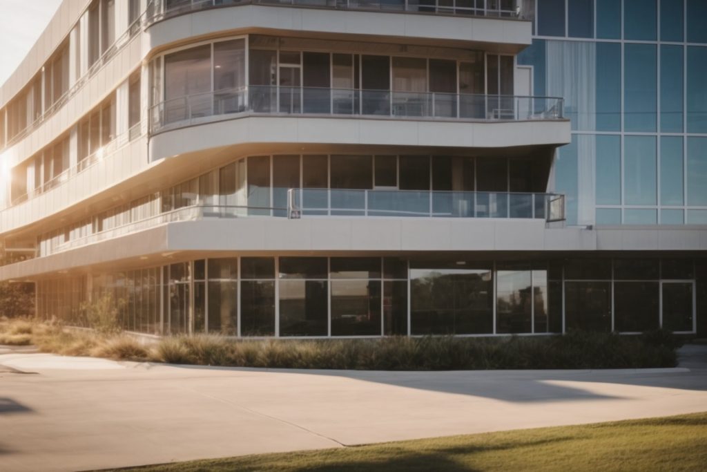 Exterior of a building in Austin with window film under bright sunlight