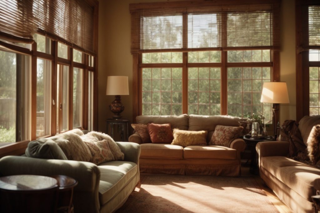 Austin home interior with faded furniture and visible sun rays through windows