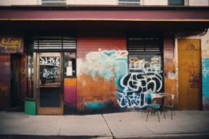 Austin cafe with graffiti on facade and anti-graffiti film on windows