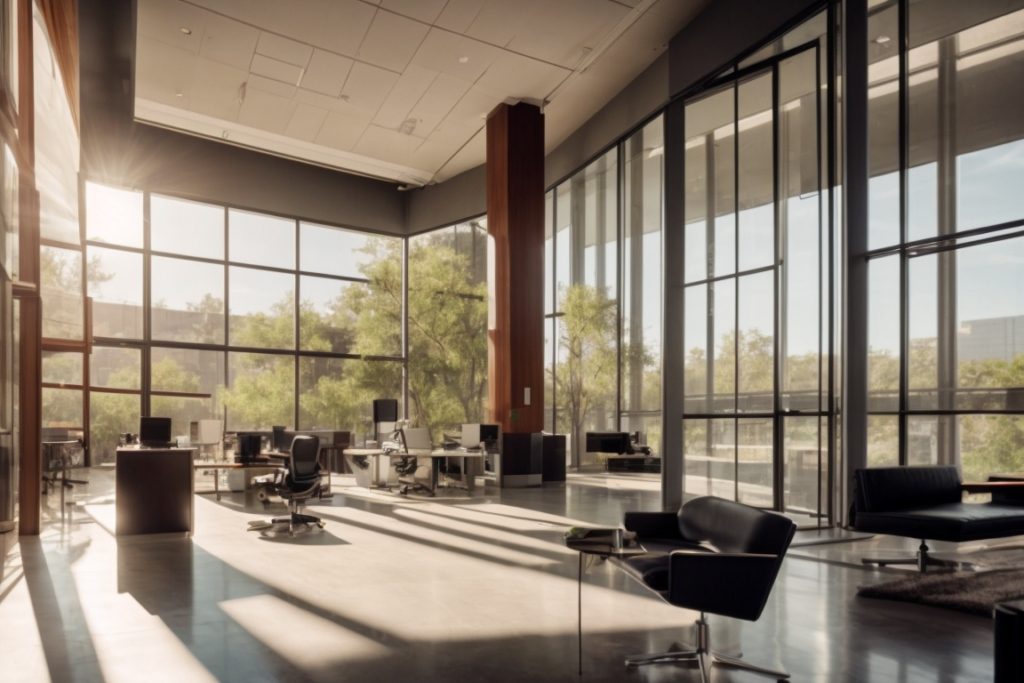 Modern office in Austin with tinted windows, intense sunlight outside, comfortable interior