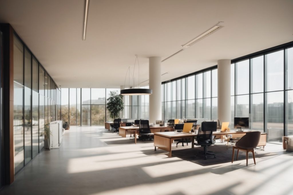 sleek office interior with sun control window film, gentle sunlight filtering through, modern furniture