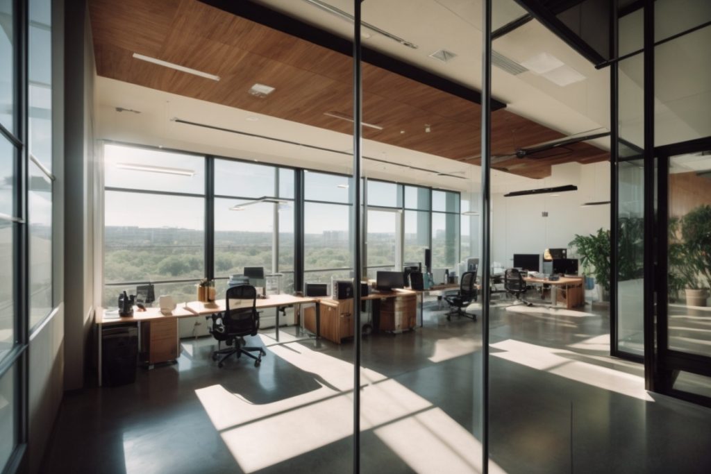 Modern office in Austin with opaque windows, sunlight filtering through