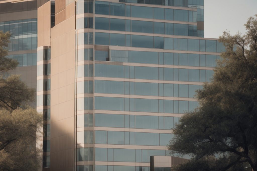Austin office building with tinted glass windows and solar panels