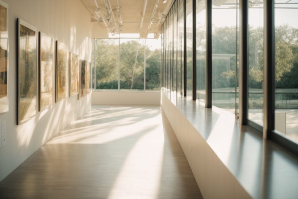 Interior of an art gallery in Austin with translucent window film filtering sunlight