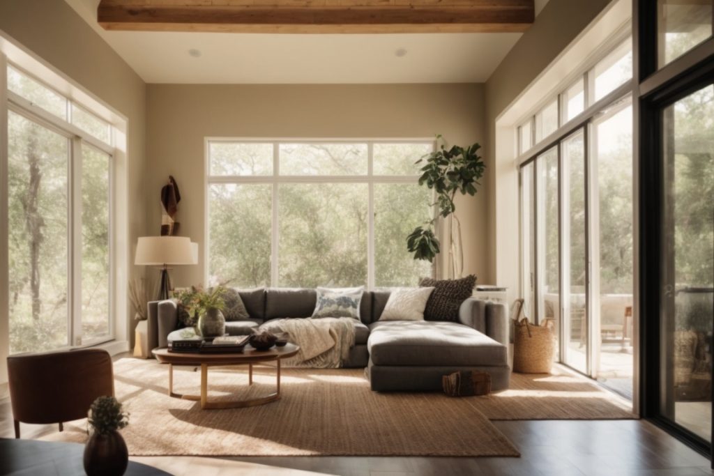 sunlit living room with advanced ceramic window tints, UV protection