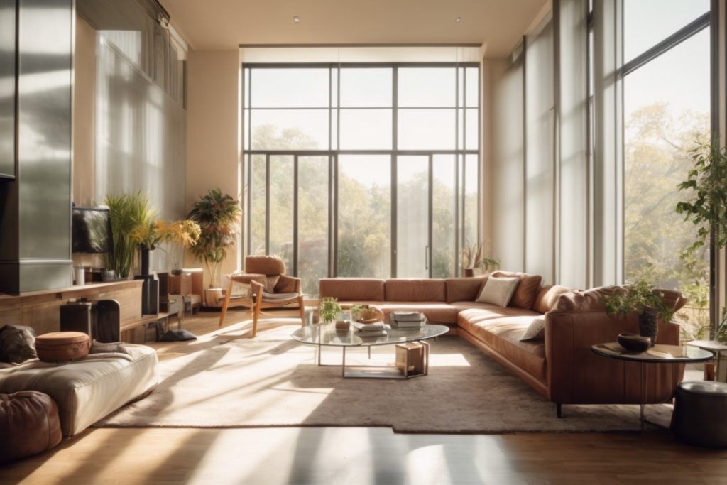 Modern living room with sunlight filtering through residential window film, faded furniture, elevated indoor temperatures visuals