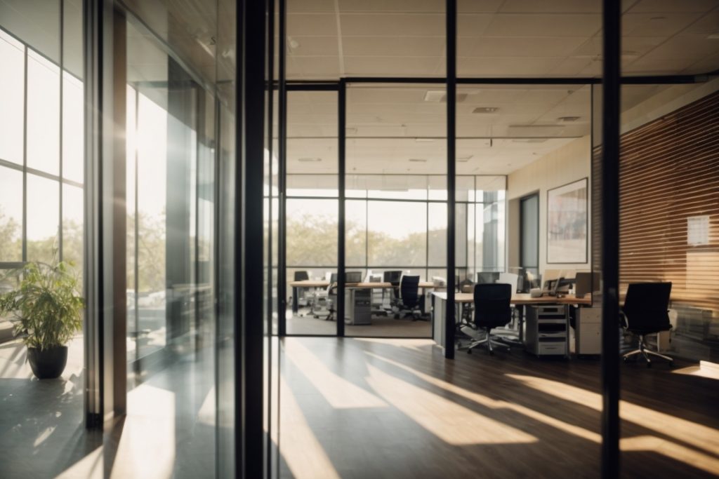 Interior of a modern office in Austin with sunlight filtered through sun control window films