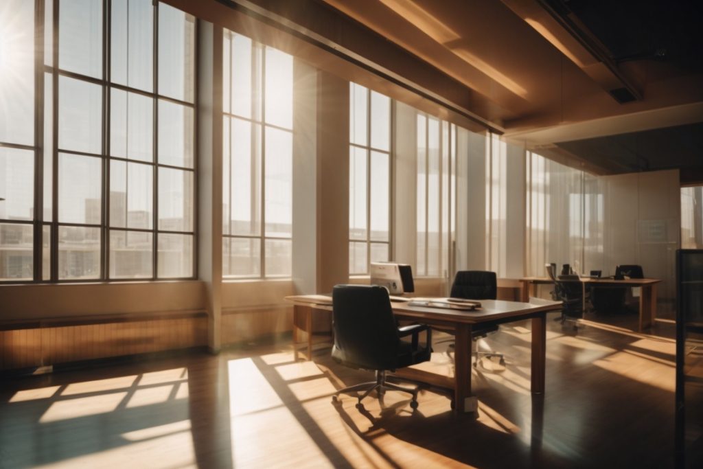interior office with intense sunlight and visible UV rays filtering through large windows