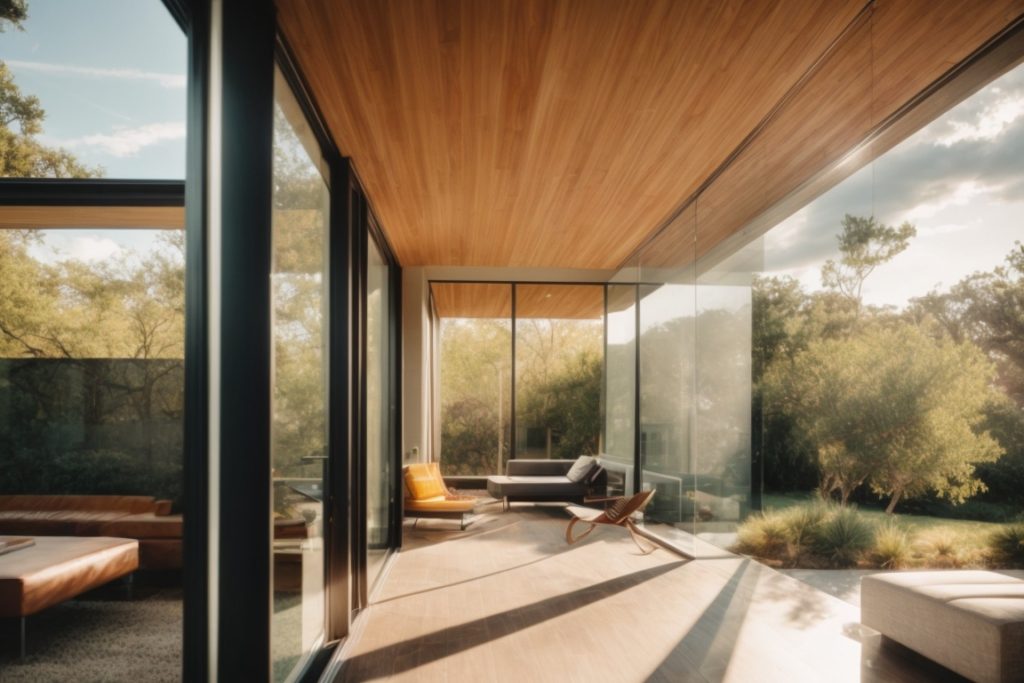 Modern home in Austin with energy-efficient window films, bright sunlight reflecting off glass