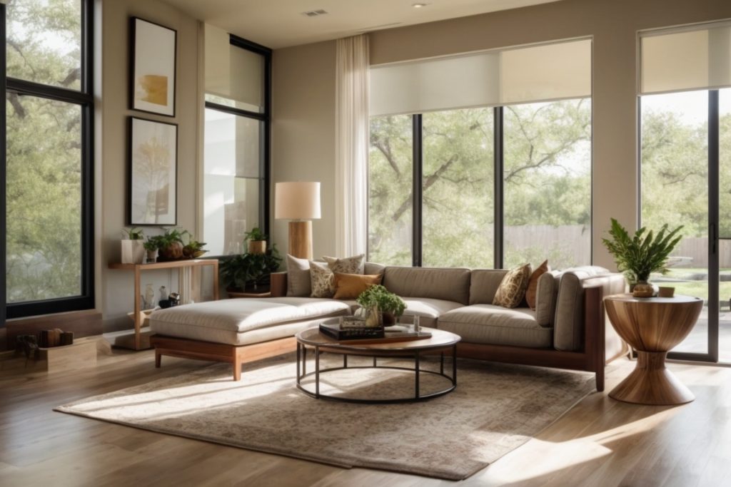 Interior of a modern Austin home with energy-saving window film, natural light filtering through, reducing glare and protecting furniture