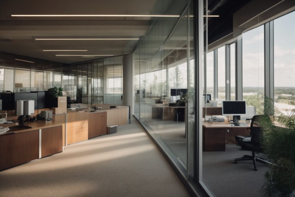 Interior of a modern office in Austin with opaque windows, enhancing privacy