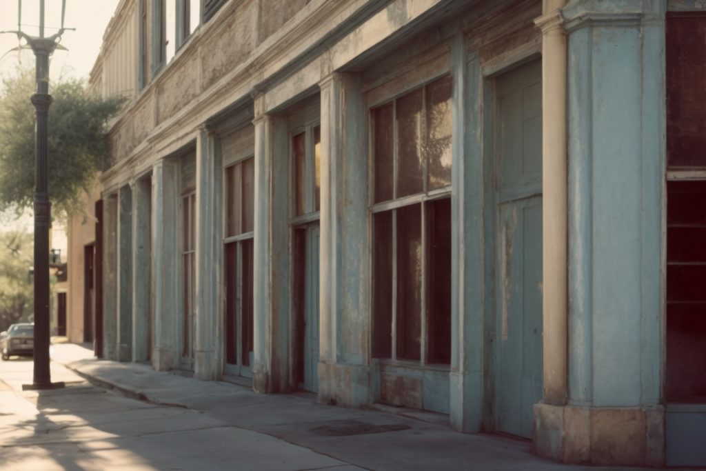 Exterior of a historic building in Austin with faded window film and visible sun damage